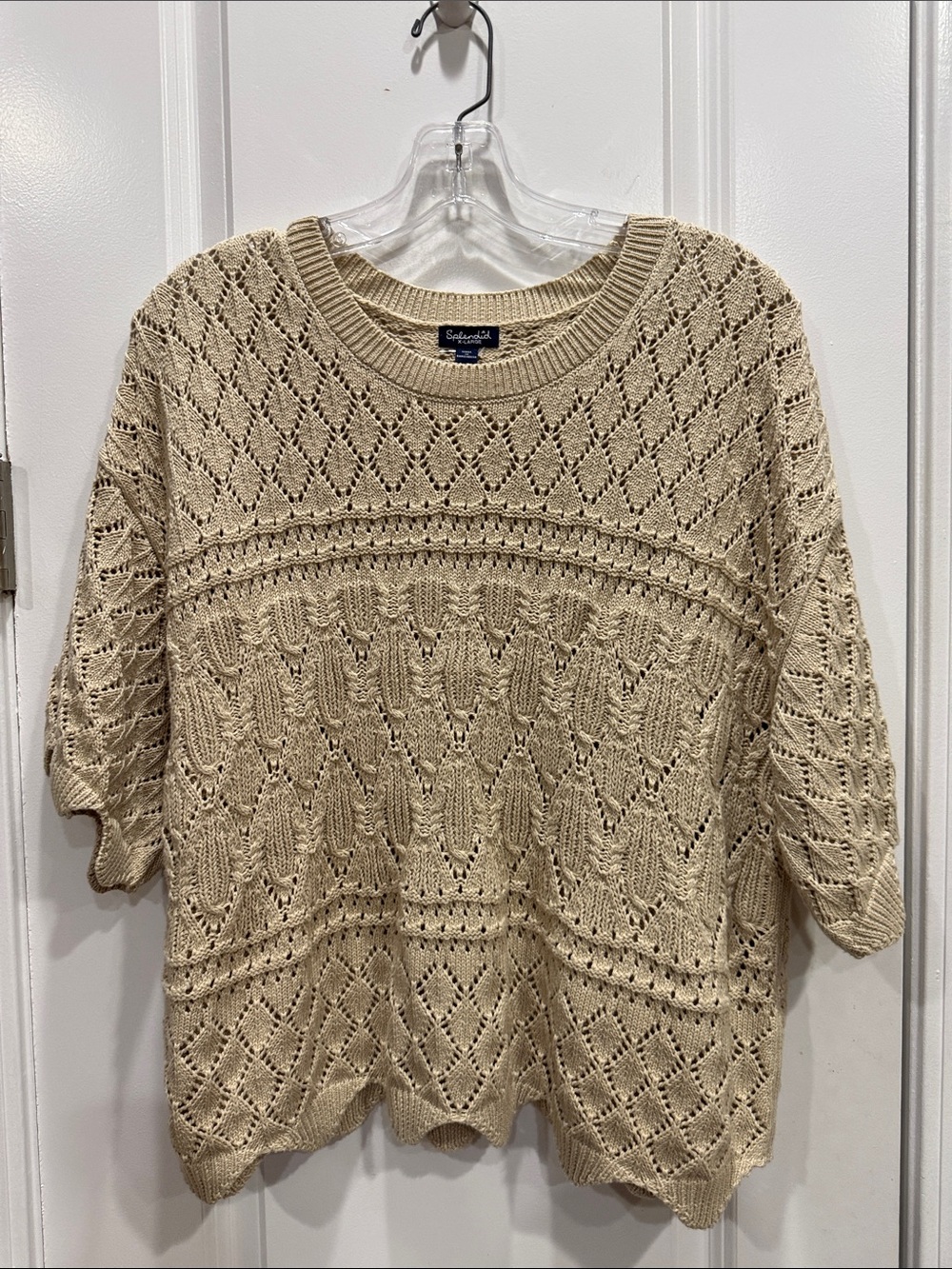 Splendid Beige Open-Knit Short Sleeve Crew Sweater